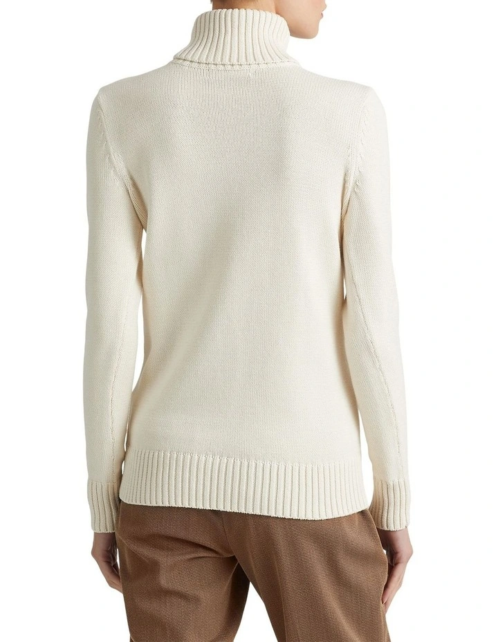Intarsia-Knit Cotton Turtleneck Sweater in Beige