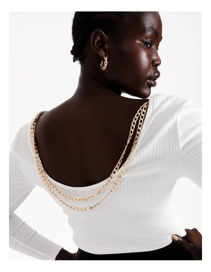 Long Sleeve Scoop Rib Top with Chain Trim Detail in White