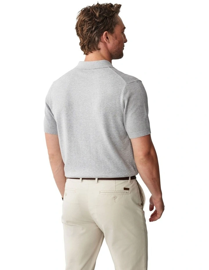 Textured Knit Polo Shirt in Grey Marle