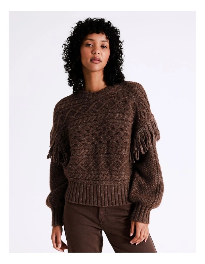 Wanda Life Long Sleeve Fringe Knit Pullover in Brown
