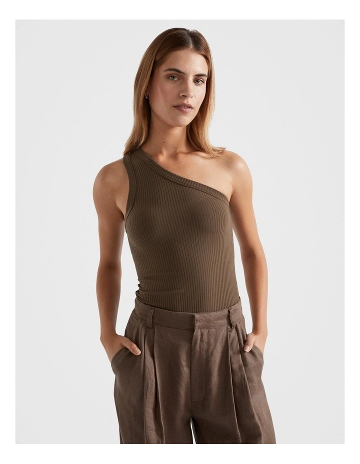 Rib One Shoulder Tank in Chocolate