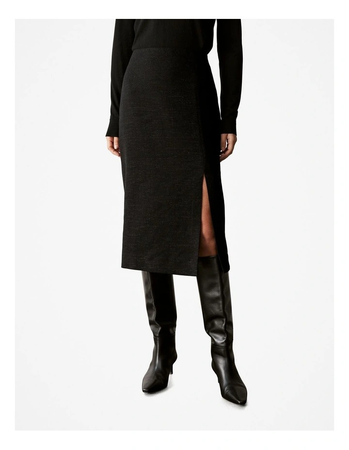 Linen Blend Metallic Side Split Skirt in Black