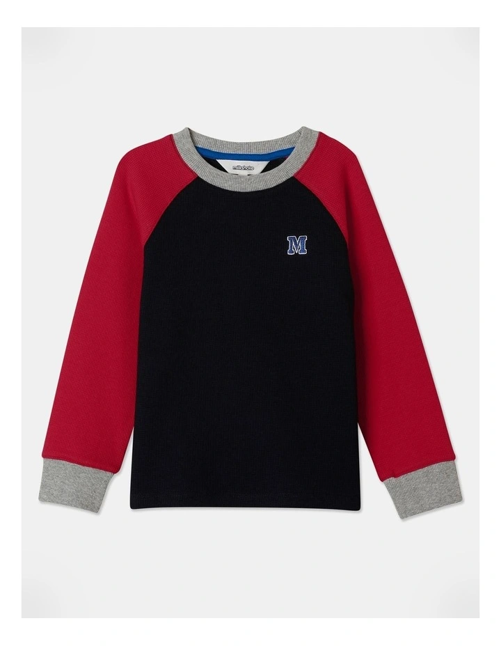 Long Sleeve Waffle Raglan Tee in Red