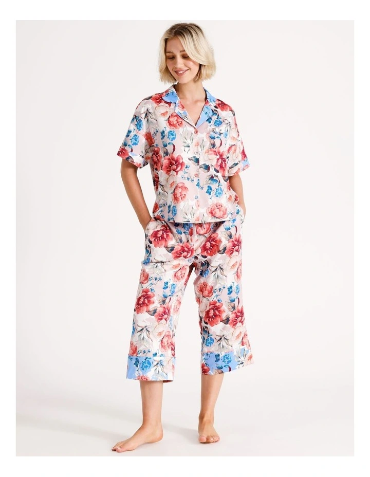 Pebbled Satin Short Sleeve Top in Pink Floral