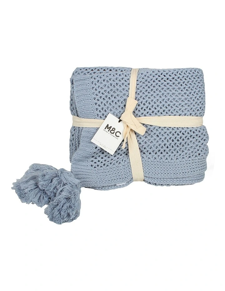 Hania Chunky Knit Throw Blanket With Tassels 152x127cm in Smokey Blue