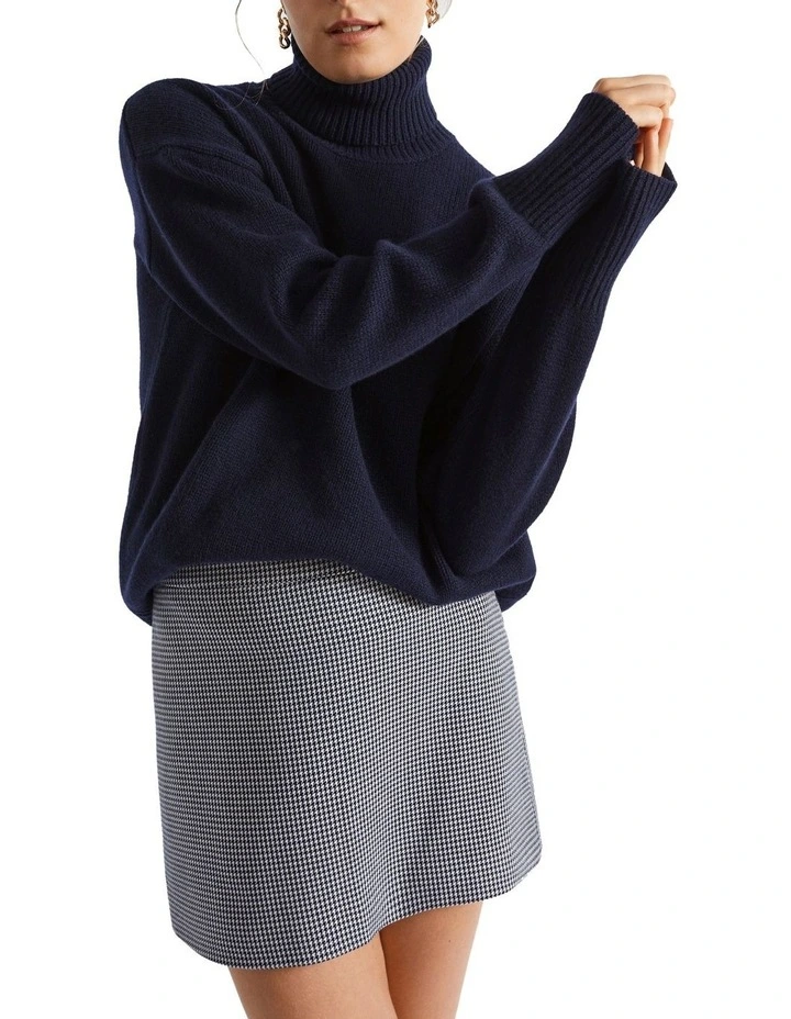 Houndstooth A Line Mini Skirt in Blue Multi