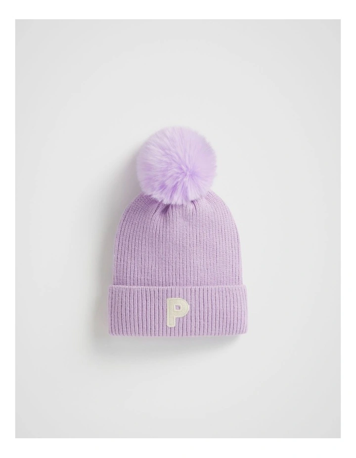 Embroidered Initial Beanie P in Purple