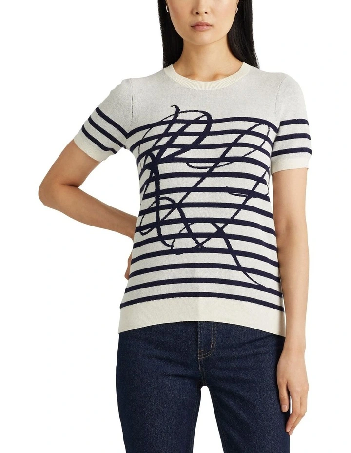 Logo Striped Short-Sleeve Sweater in Natural