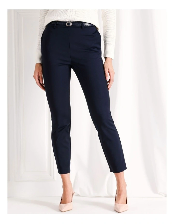 Mid Rise Organic Blend Cotton Sateen Pant With Belt in Navy