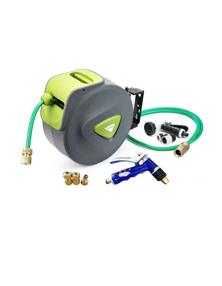 Garden Water Hose 30M Retractable Rewind Reel Wall Mounted Brass Gun