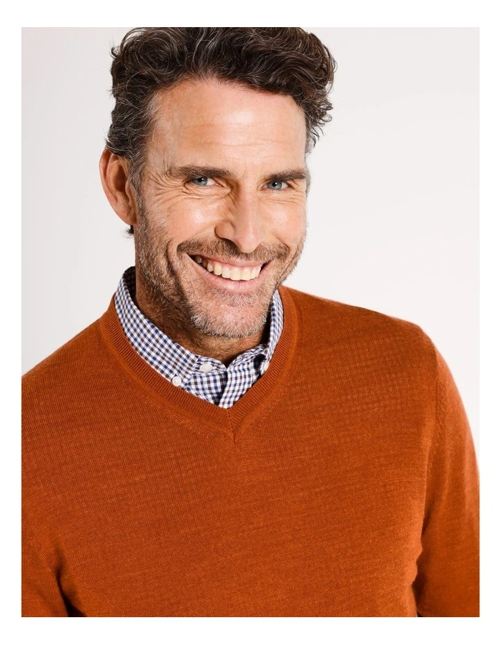 Australian Merino V-Neck Knit in Burnt Orange