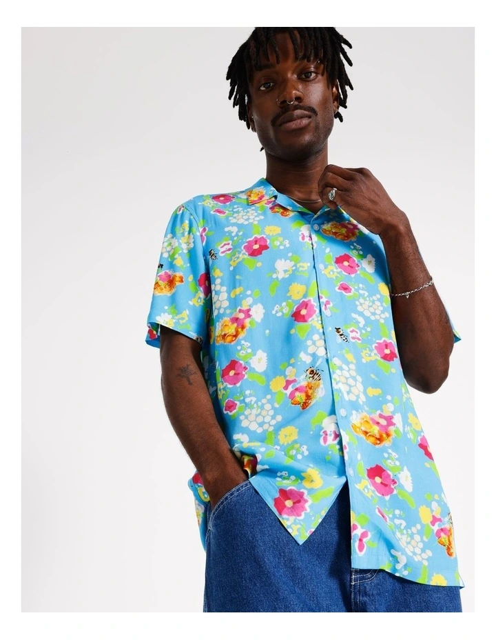 Paint Splatter Print Short Sleeve Rayon Shirt in Blue