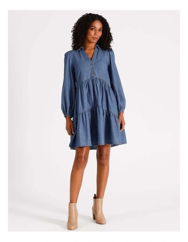 Organic Relaxed Tiered Shirt Dress in Denim