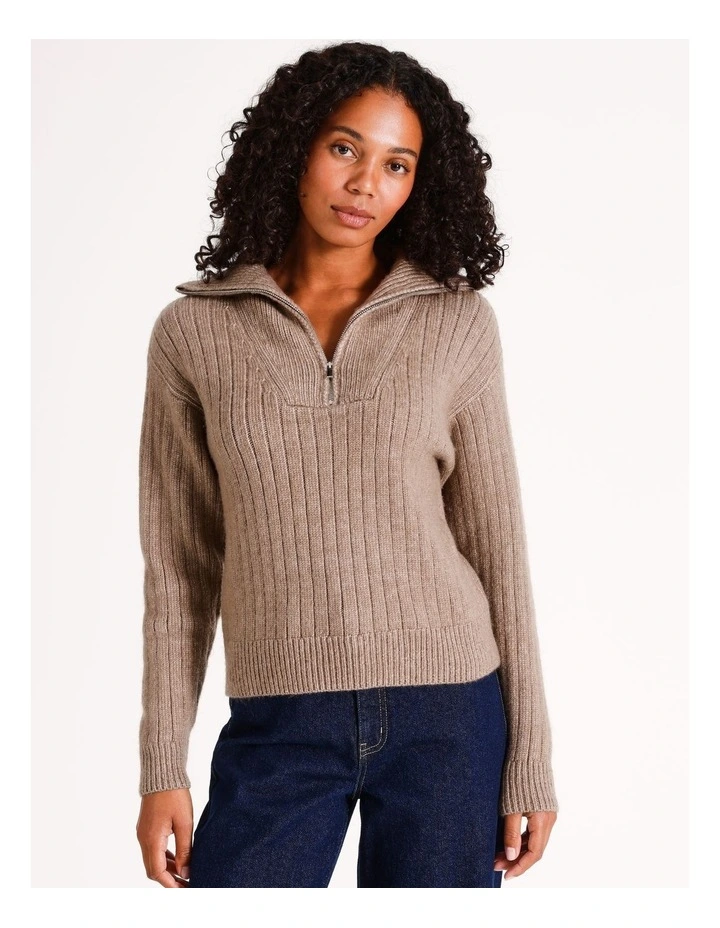 Recycled Blend Zip Neck Rib Jumper in Taupe