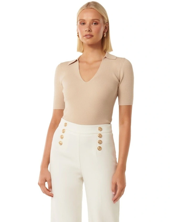 Selena Short Sleeves Collar Knit Top in Stone