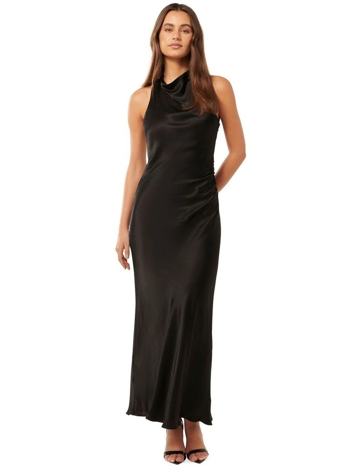 Michelle Open Back Satin Maxi Dress in Black