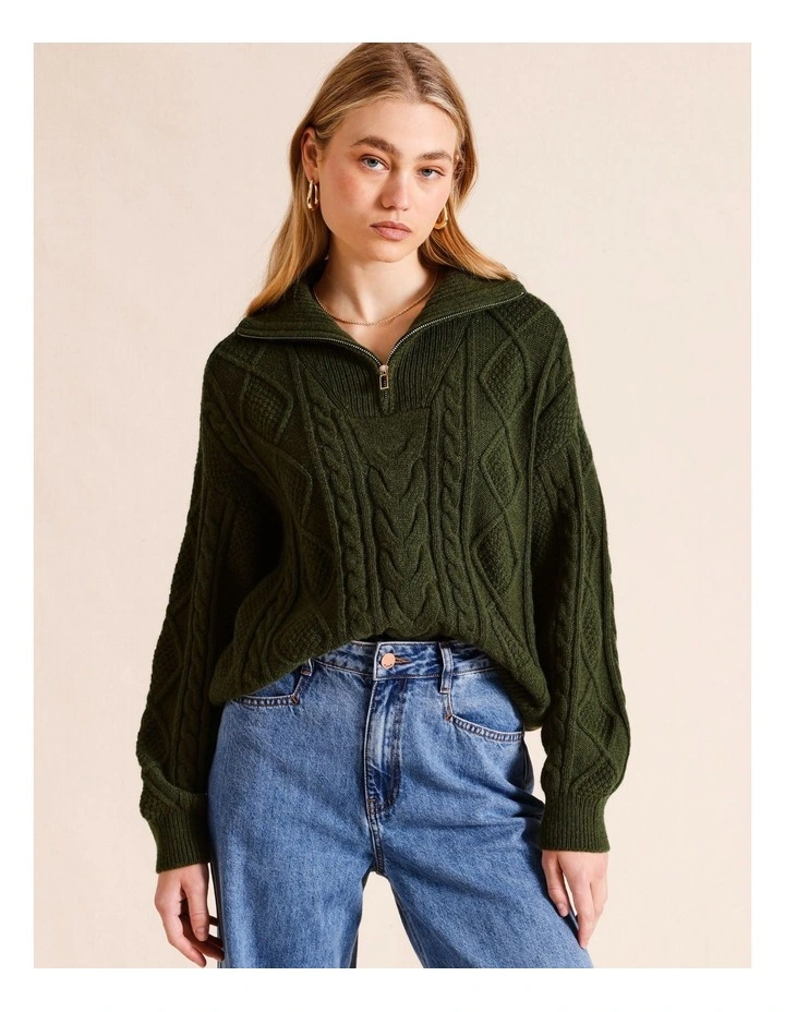 Half Zip Cable Knit Jumper in Khaki