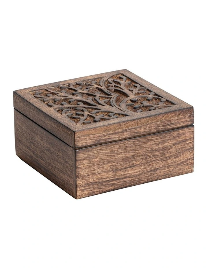 Mango Wood Square Tree-of-Life Trinket Box in Natural