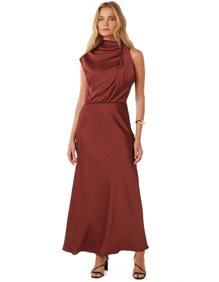 Sienna High Neck Satin Midi Dress in Brown