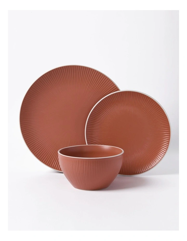 Maze Ribbed 4 Person Dinner Set 12 Piece in Matte Glaze Terracotta/White