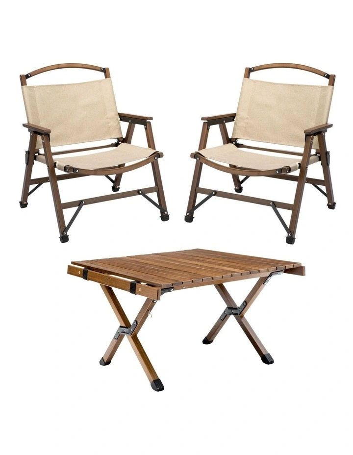 Bamboo Foldable Camping Table with 2 Chairs in Beige