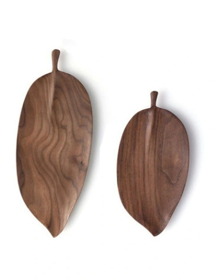 Leaf Shape Wooden Tray Set of 2 in Walnut