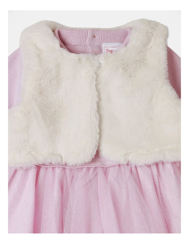 Sprout Knit Tulle Dress And Fur Vest Light Pink