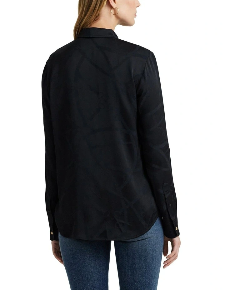 Belting-Motif Jacquard Tie-Neck Shirt in Black