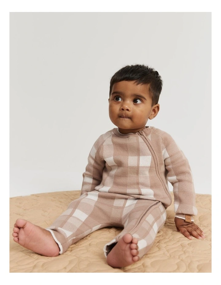 Organically Grown Cotton Gingham Knit Jumpsuit in Mushroom