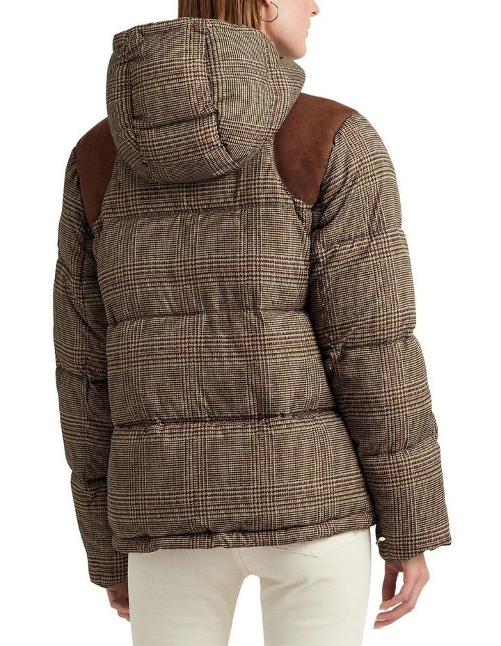 Glen Plaid Faux Suede-Trim Down Coat in Beige