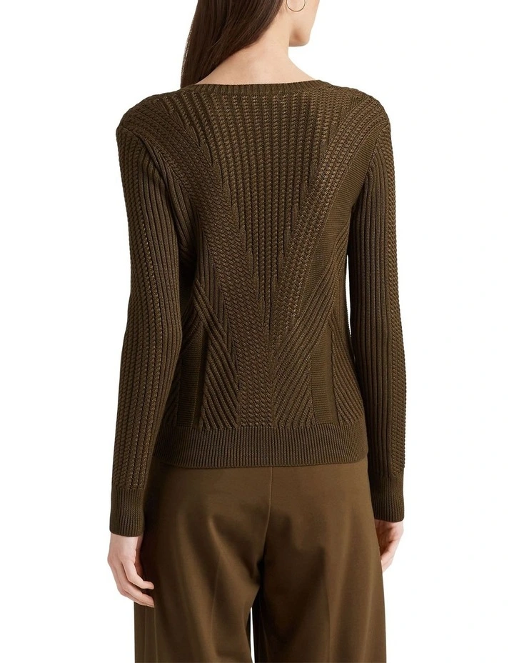 Mixed-Knit Cotton-Blend V-Neck Sweater in Green
