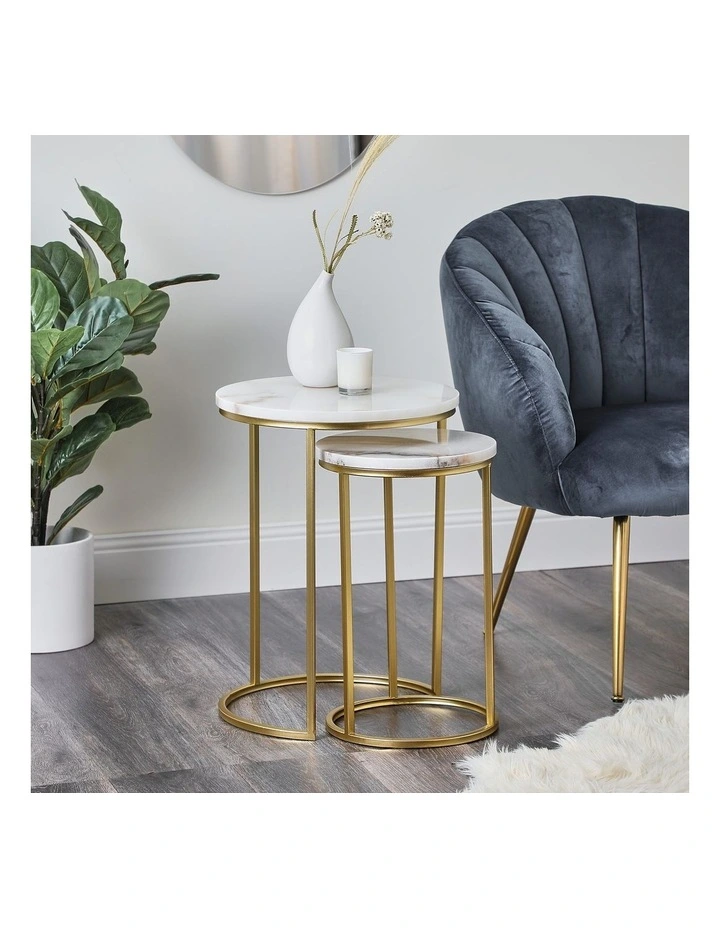 Marble Ada Nested Side Table Set in White/Gold