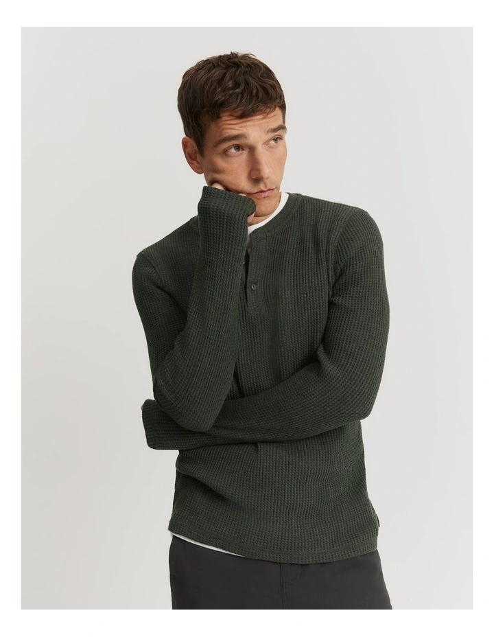 Australian Cotton Blend Waffle Henley in Khaki Marle