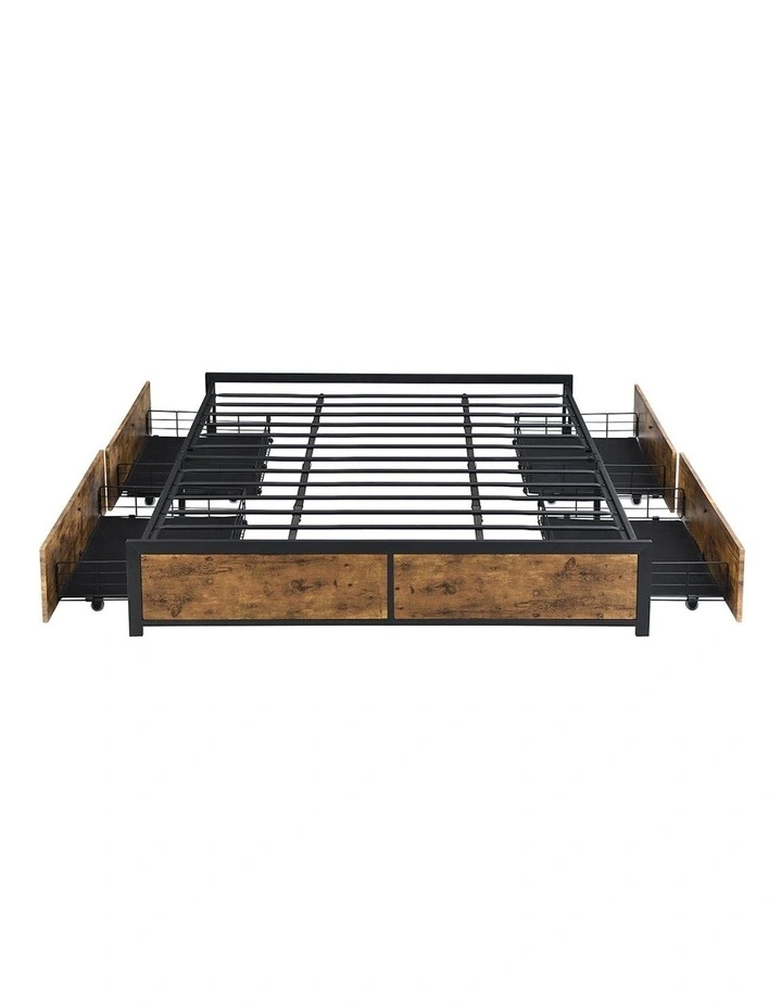 Mattress Base Platform Wooden 4 Drawers King Metal Bed Frame in Rustic