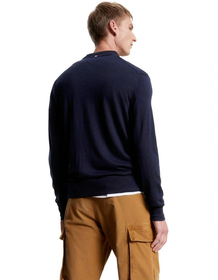 Fine Gauge Merino Long Sleeve Polo Shirt in Navy blue