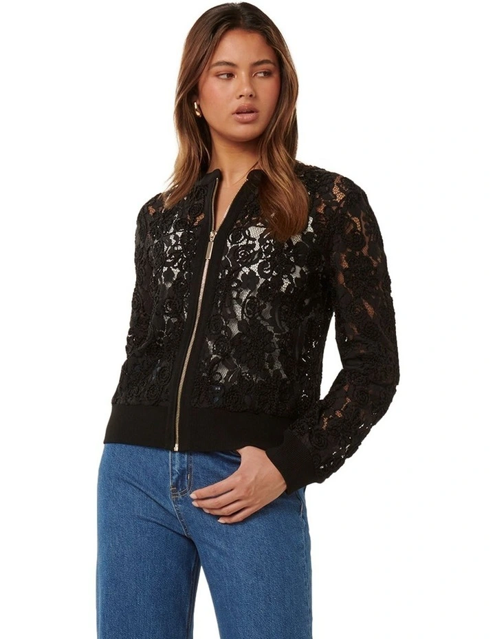 Riley Lace Mixed Knit Bomber Jacket in Black