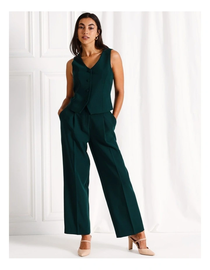 Recycled Blend Pleat Front Wide Leg Pant in Dark Green