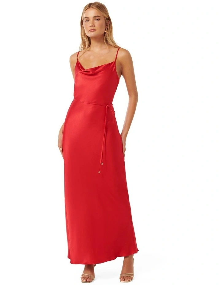 Lucy Satin Cowl Neck Maxi Dress in Red