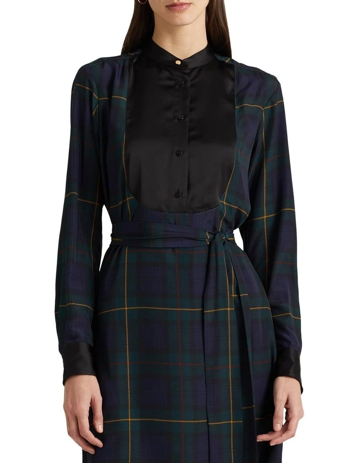 Plaid Crepe Belted Shirtdress in Navy