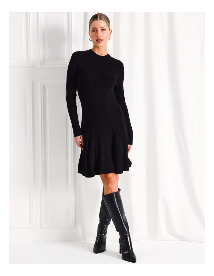 Long Sleeve Fit And Flare Knit Mini Dress in Black