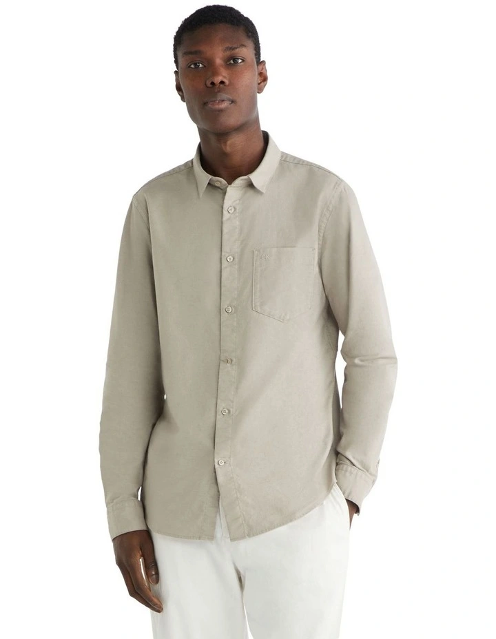 Oxford Stretch Regular Fit Long Sleeve Shirt in Beige