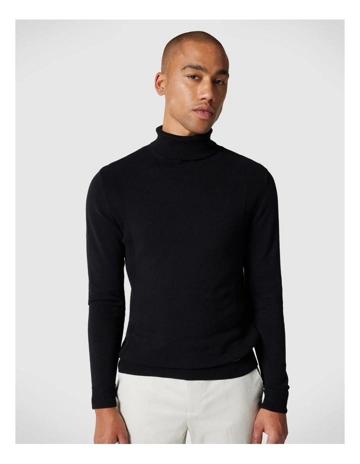 Roll Neck Knit With Rib Detail in Black