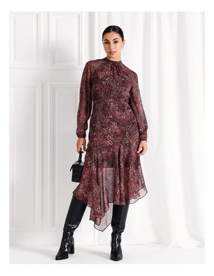 Asymmetrical Long Sleeve Midi Dress in Wine