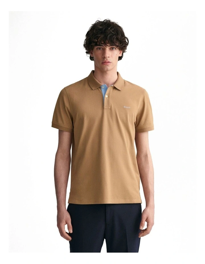 Contrast Pique Polo Shirt in Warm Khaki