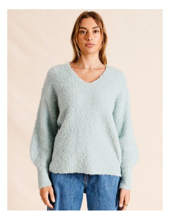 V-Neck Boucle Jumper in Dusty Blue