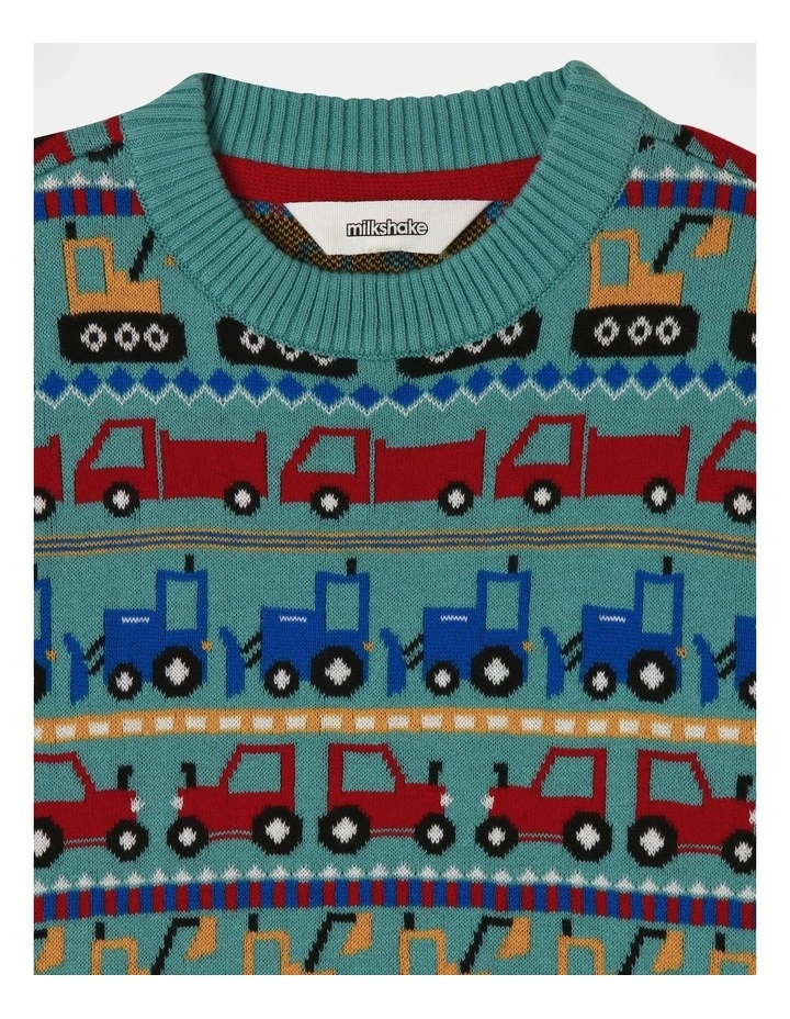 Knitted Jacquard Crew Neck Jumper in Teal
