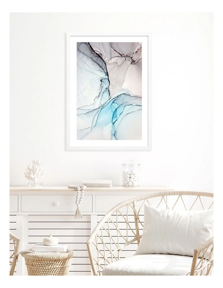 Australian Made Blue Black Abstract Ink 2 Art Print A2 in White Frame