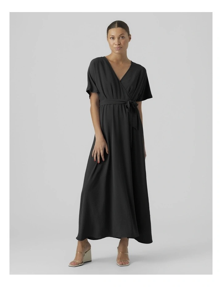 Short Sleeve V-Neck Ankle Dress in Black