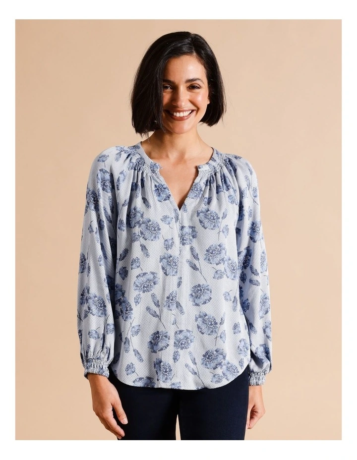 Long Sleeve Shirred Neck Top In Blue Tonal Floral