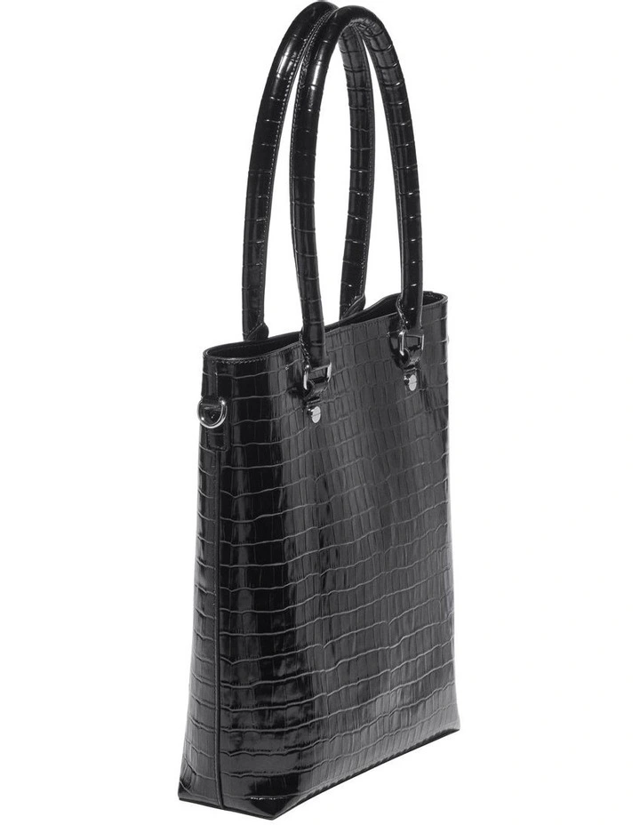 Croc Embossed Leather Tote in Black